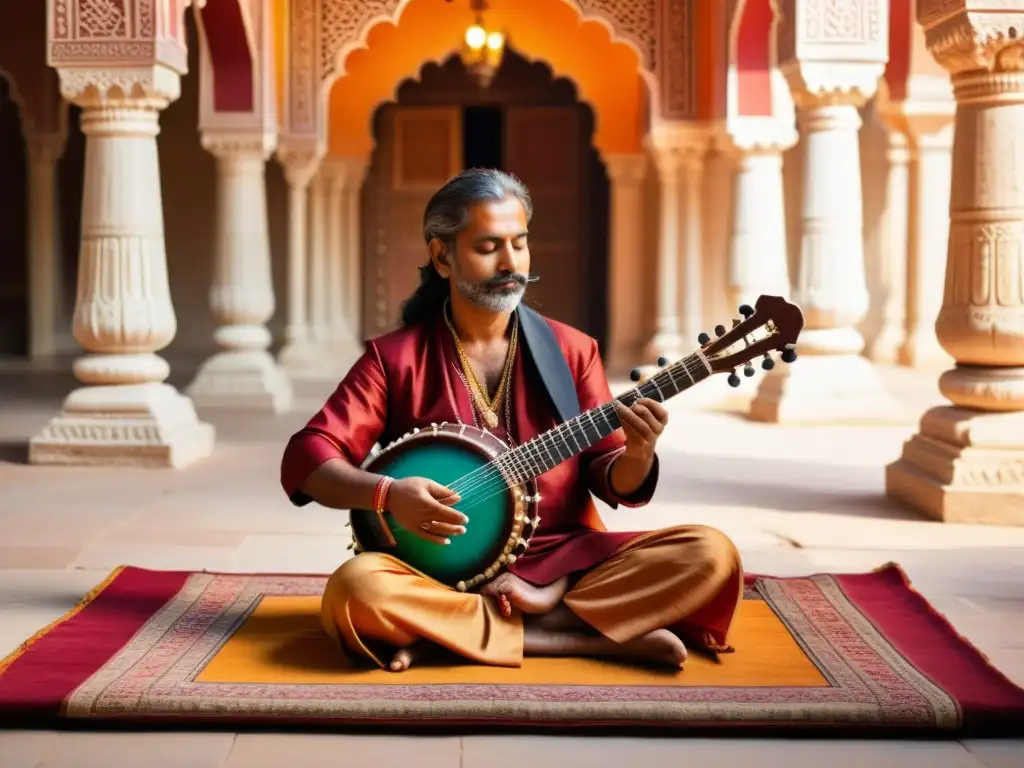 Un maestro del sitar interpretando una hipnótica raga en un patio tradicional hindú al atardecer