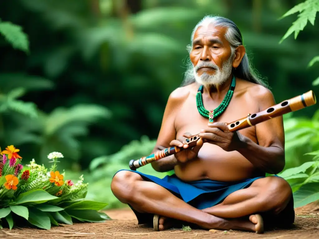 Maestro indígena toca flauta nativa rodeado de naturaleza exuberante