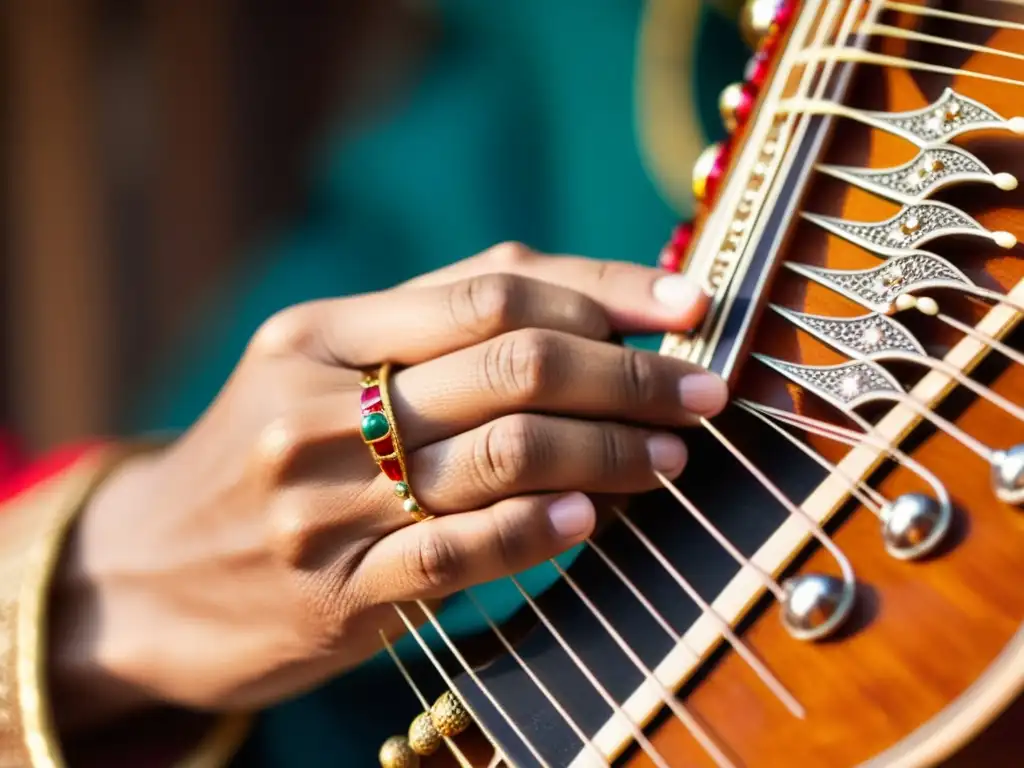 Un maestro del sitar indio muestra su destreza y técnica al tocar el instrumento, resaltando la artesanía y construcción del sitar