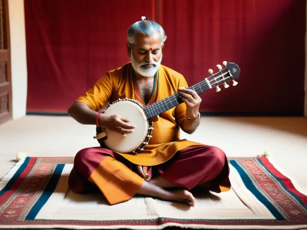 Maestro de sarod indio en profunda concentración, atuendo tradicional vibrante, ambiente cálido