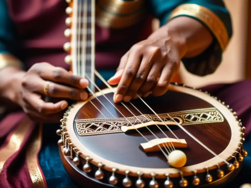 Un maestro del sarod indio muestra su refinamiento al tocar, con movimientos precisos y una expresión llena de emoción