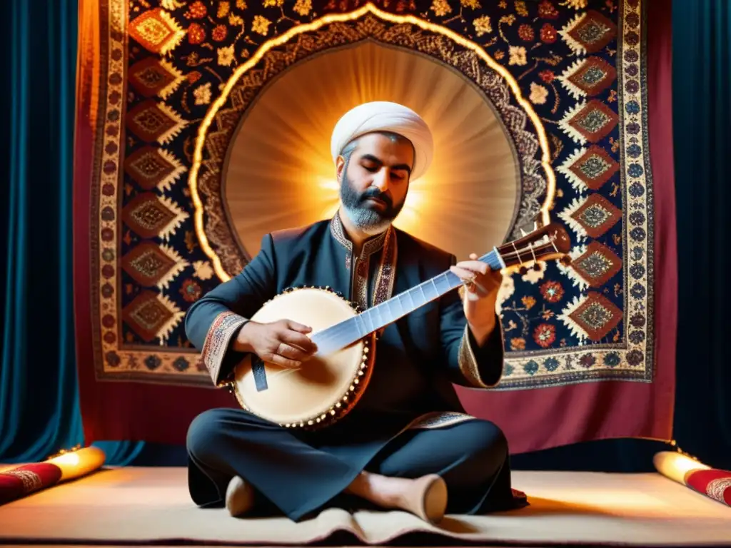 Un maestro intérprete de santur persa en un escenario, rodeado de instrumentos tradicionales y tapices ornamentados