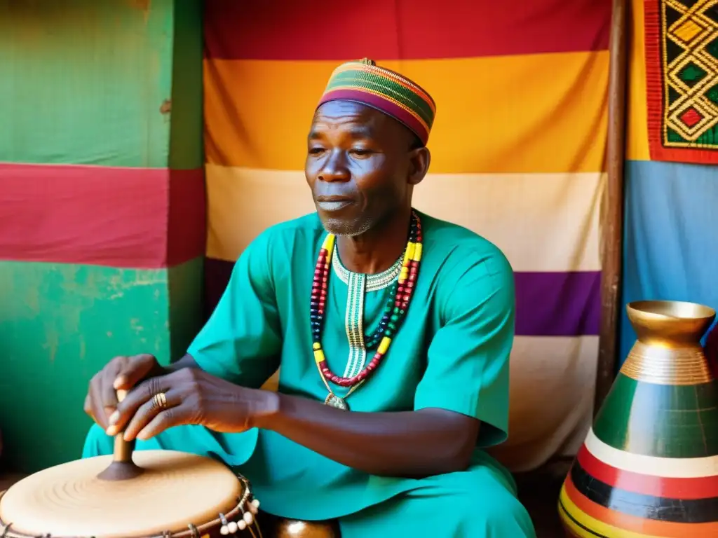 Un maestro intérprete de jembe en Mali, rodeado de colores vibrantes del mercado local, mostrando la historia y construcción del jembe