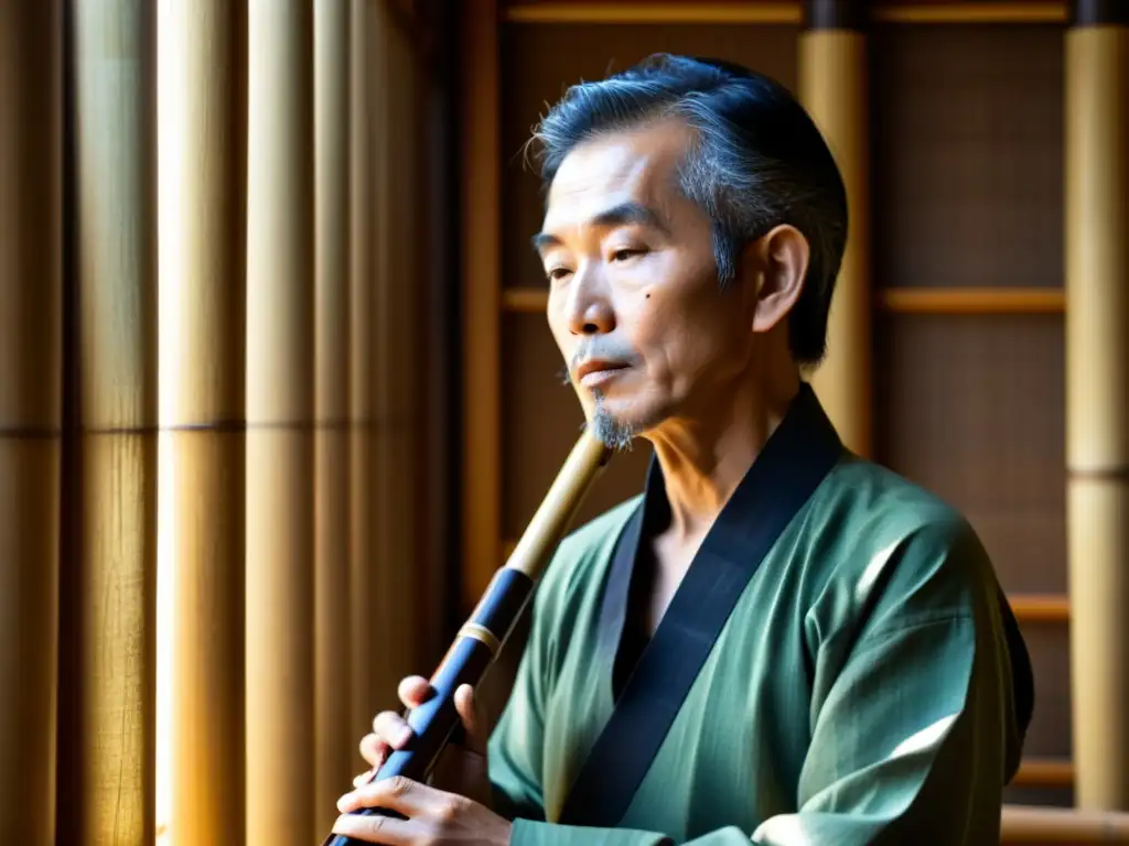 Un maestro de shakuhachi japonés, con manos curtidas sosteniendo la flauta, concentración y luz filtrándose por una pantalla shoji