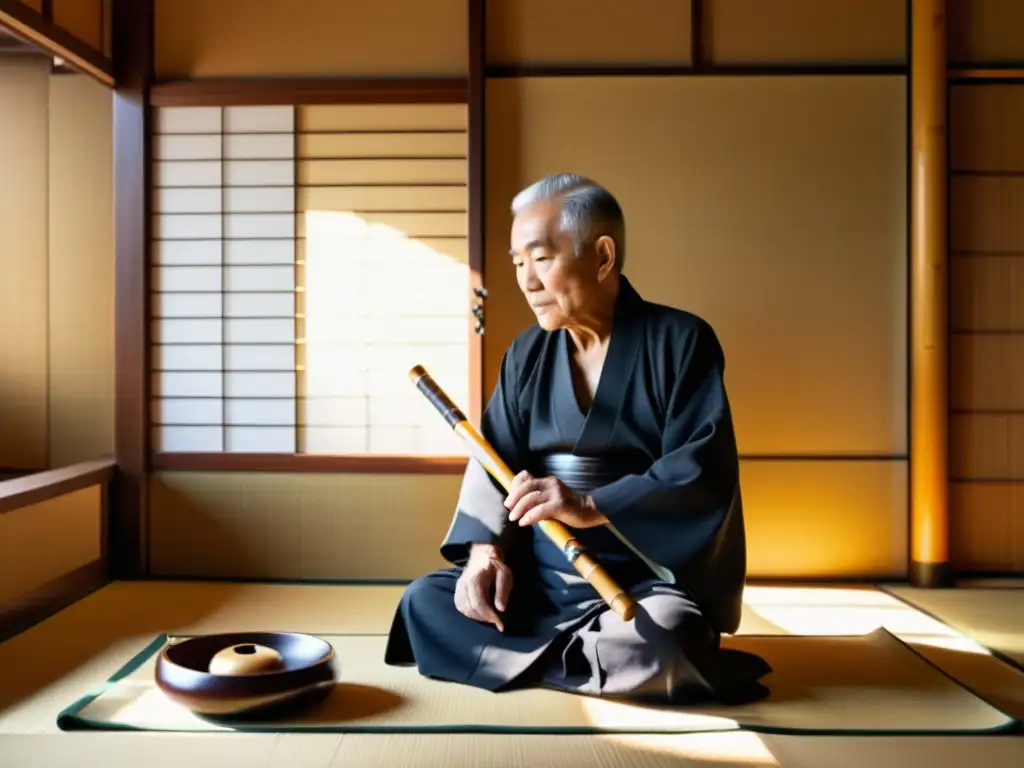 Maestro japonés de shakuhachi en sala tradicional con técnicas ancestrales shakuhachi japonesas