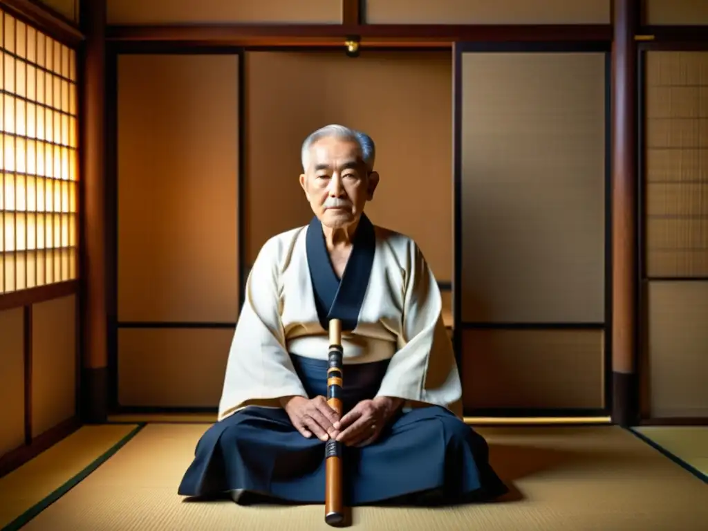 Maestro japonés de shakuhachi en sala tradicional, reflejando técnicas ancestrales shakuhachi japonesas en atmósfera serena y contemplativa