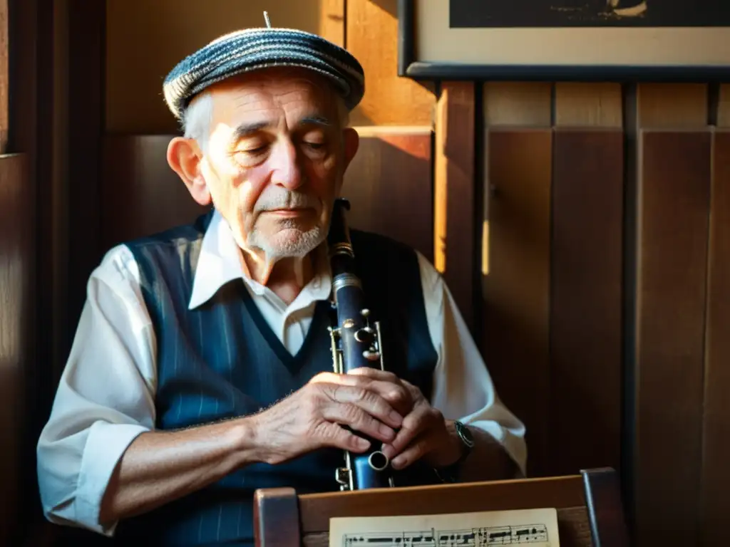 Maestro del clarinete klezmer, con yarmulke, en habitación iluminada por el sol, sosteniendo el instrumento con reverencia