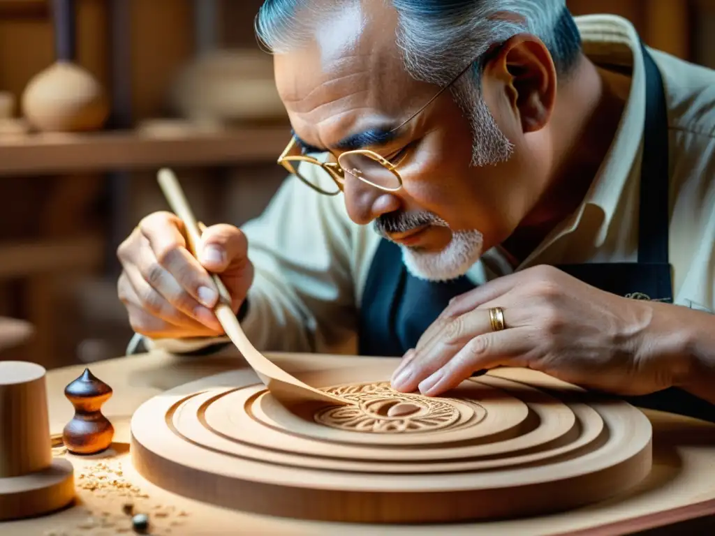 Un maestro laudero esculpe con destreza una réplica de un antiguo instrumento de cuerda, con virutas de madera flotando en el aire