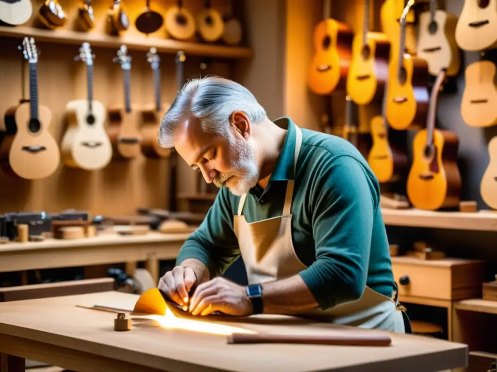 Un maestro luthier trabaja en su cálida y tradicional taller, rodeado de instrumentos artesanales