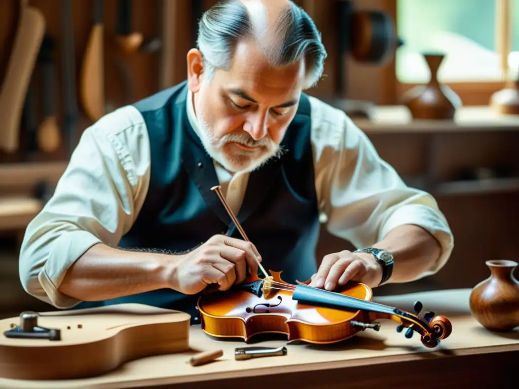 Un maestro luthier talla diseños en un violín, resaltando la evolución del oficio de luthería en Europa