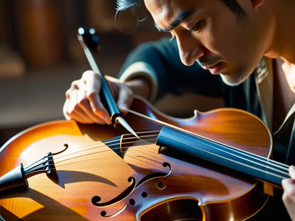 Un maestro luthier talla delicadamente diseños en un violonchelo vintage, resaltando la artesanía y la preservación del sonido de instrumentos