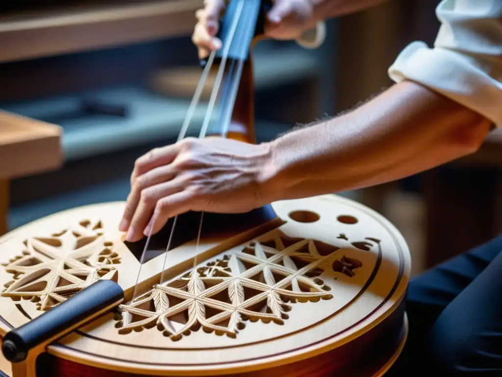 Un maestro luthier talla intrincados diseños en un violonchelo eléctrico, destacando la magia del diseño en instrumentos de arco eléctricos
