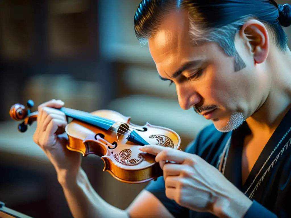 Un maestro luthier talla patrones en un violín, mostrando la evolución del oficio de luthería con destreza y tradición