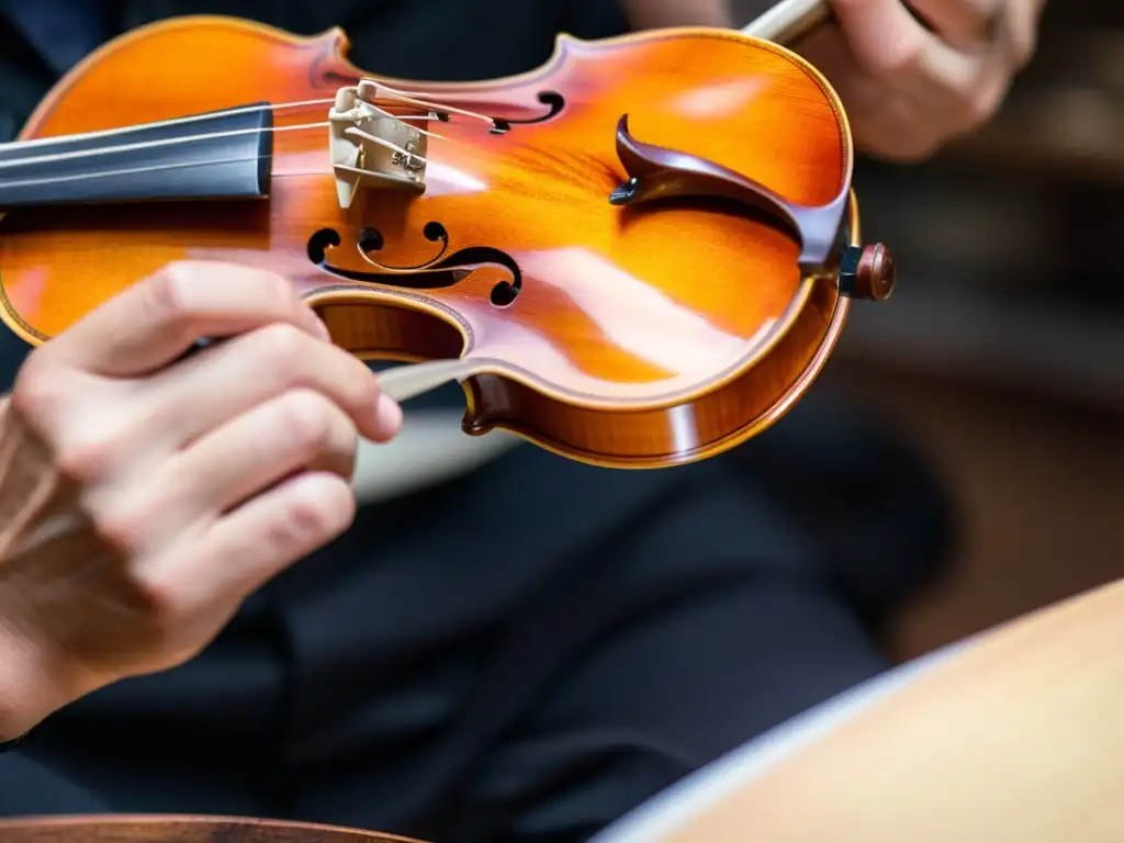 Un maestro lutier aplica cuidadosamente barniz a un violín nuevo, resaltando el efecto del barniz en violín