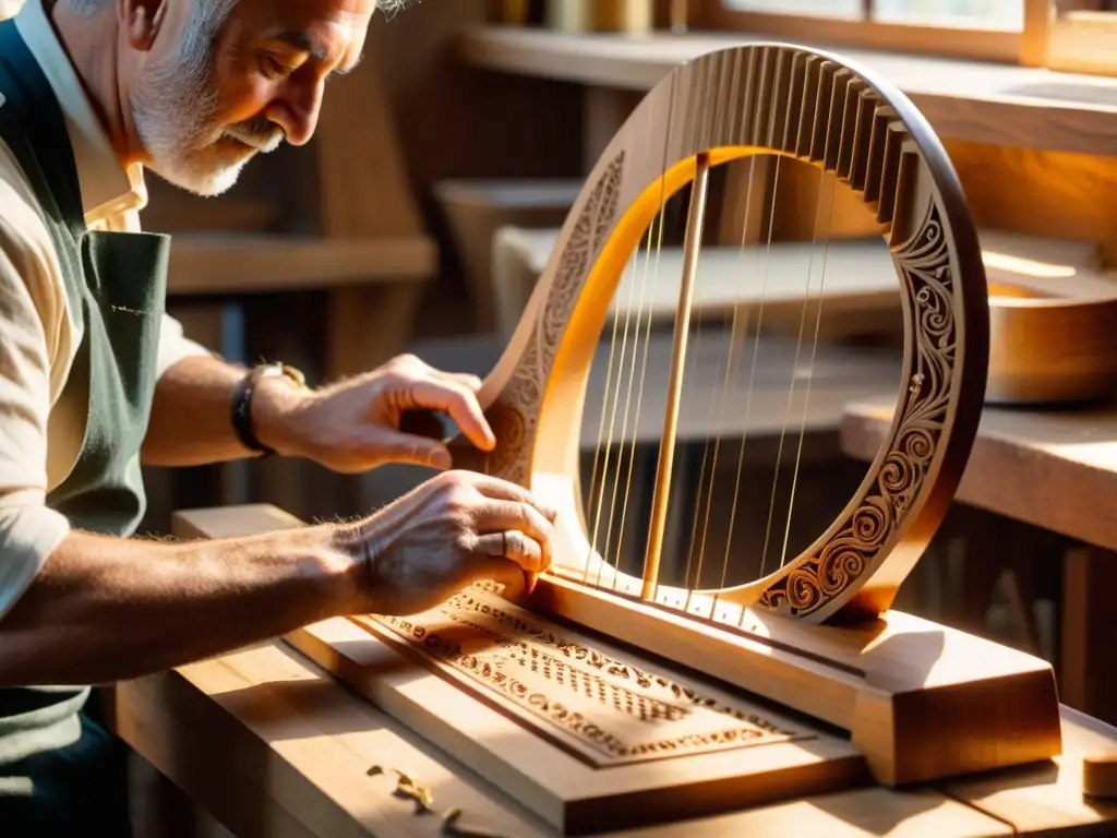 Un maestro lutier talla con destreza una arpa eólica, capturando la historia, construcción y sonido del instrumento