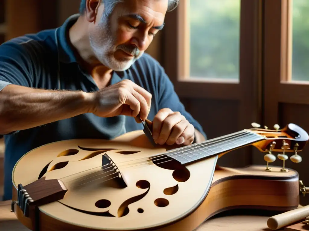 Un maestro lutier tallando con destreza una mandolina italiana en madera en su taller, iluminado por la cálida luz del sol