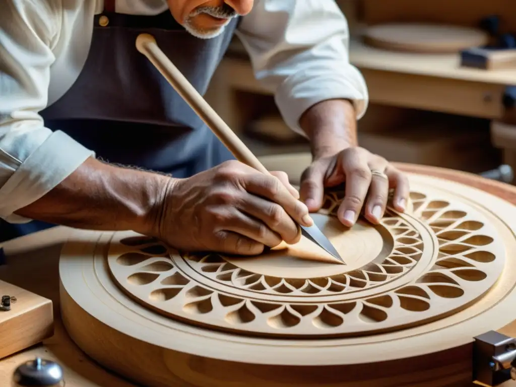 Un maestro lutier talla con precisión un diseño en un santur eléctrico contemporáneo, inmerso en su arte en un taller iluminado suavemente