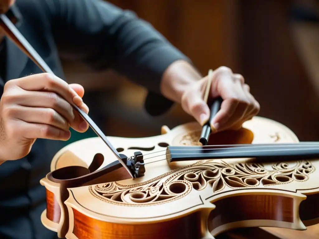 Un maestro lutier talla intrincados diseños en un violín a mano, destacando la importancia de materiales y resonancia en instrumentos musicales