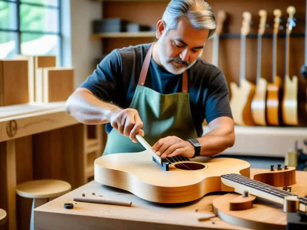 Un maestro lutier selecciona madera sostenible para una guitarra eco-sostenible, en un taller bañado por luz natural, dedicación y artesanía