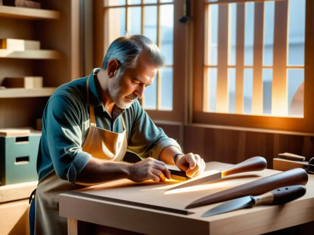 Un maestro lutier selecciona madera sostenible para una guitarra, con la luz del sol iluminando el taller