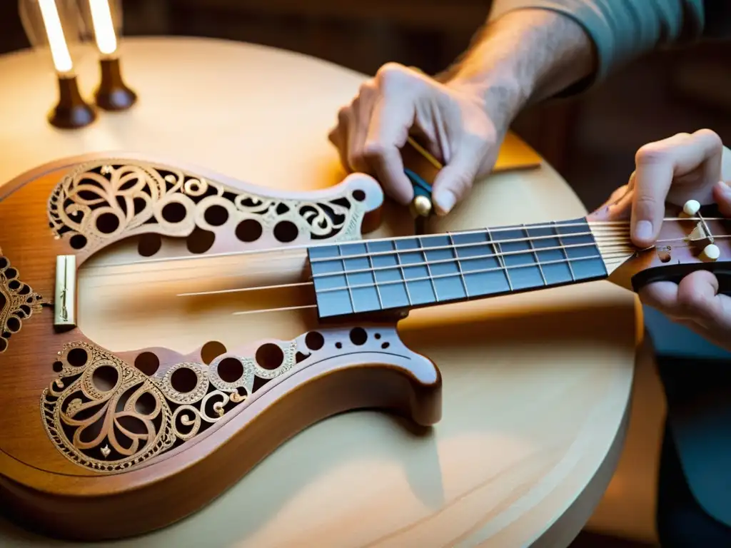 Un maestro lutier talla minuciosamente ornamentos en la pala de una nyckelharpa sueca tradicional, rodeado de herramientas