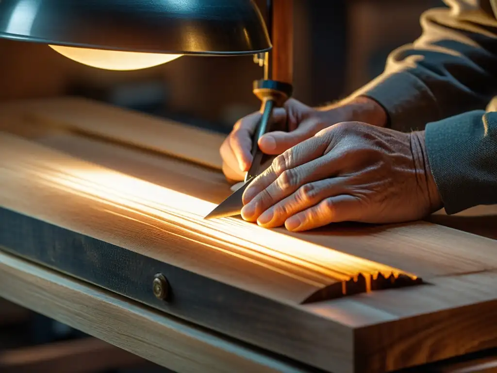 Un maestro lutier inspecciona detalladamente una pieza de madera de abeto envejecida bajo la cálida luz del taller