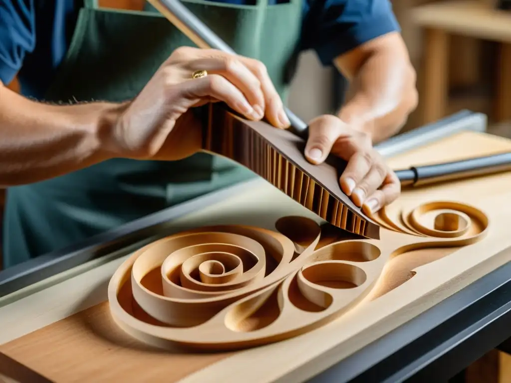 Un maestro lutier talla meticulosamente un voluta de violín con una máquina CNC, mostrando la importancia del CNC en instrumentos musicales