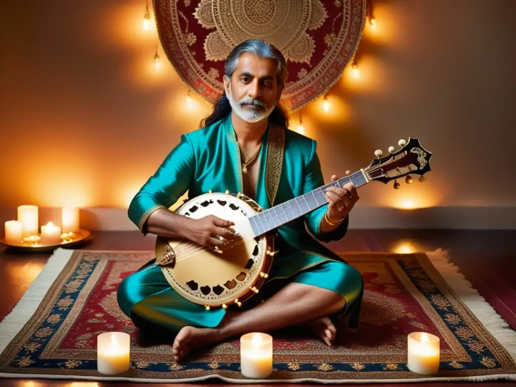 Un maestro del sitar crea música espiritual en un ambiente íntimo iluminado por velas