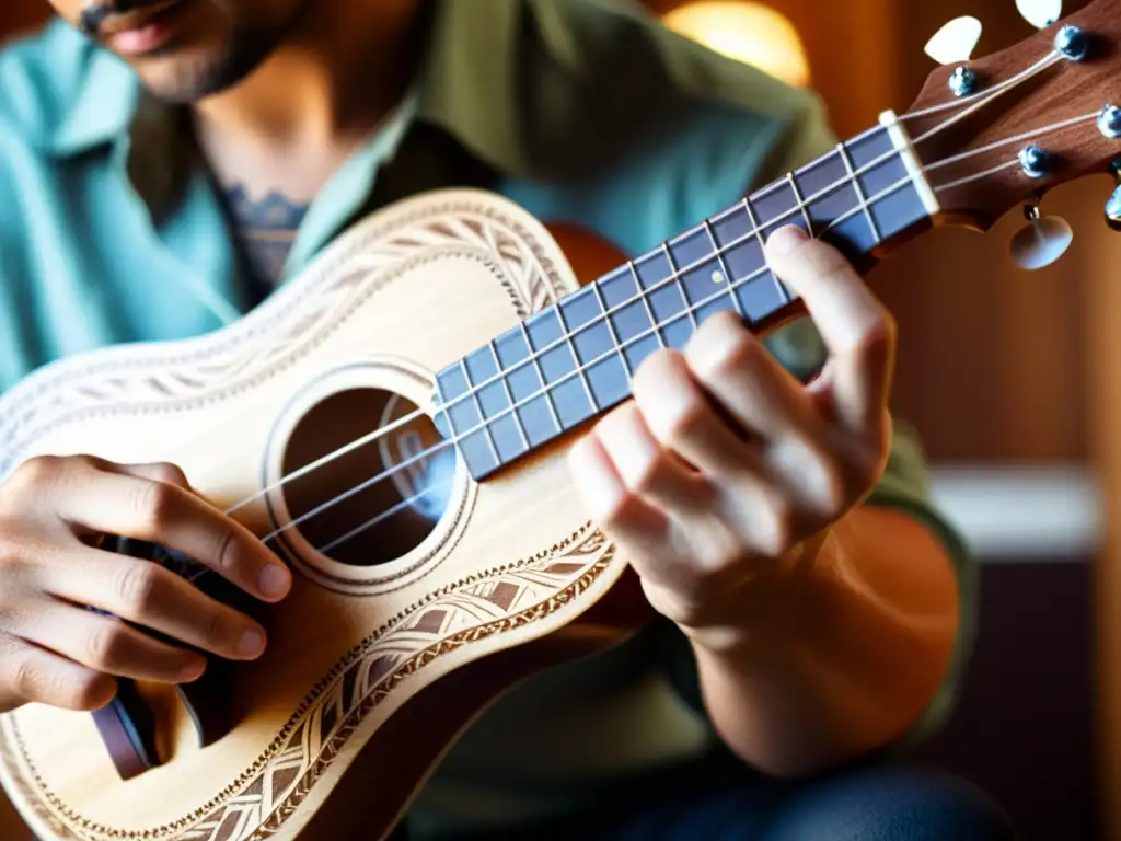 Un maestro músico ejecuta con destreza la técnica campanella en el ukelele, creando melodías encantadoras con movimientos precisos