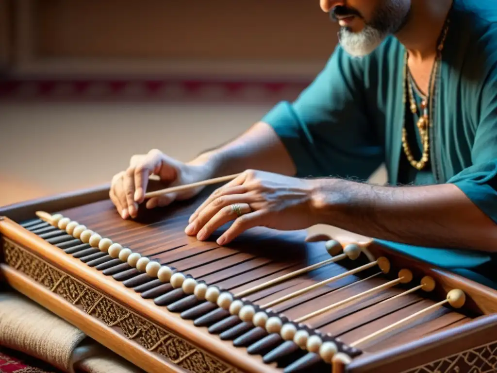 Maestro músico tocando el santur persa en reunión sufí, transmitiendo la esencia espiritual y musical del instrumento