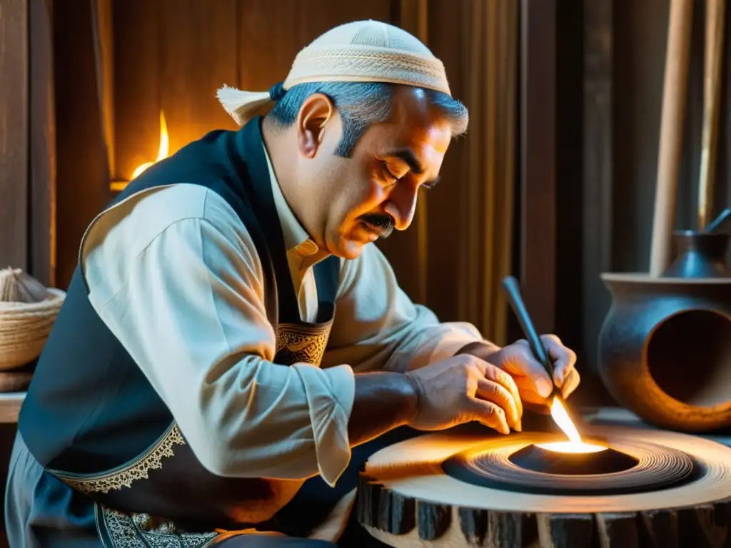 Un maestro músico preservando la Tar en Azerbaiyán, tallando con cuidado en su taller iluminado, rodeado de herramientas y virutas de madera