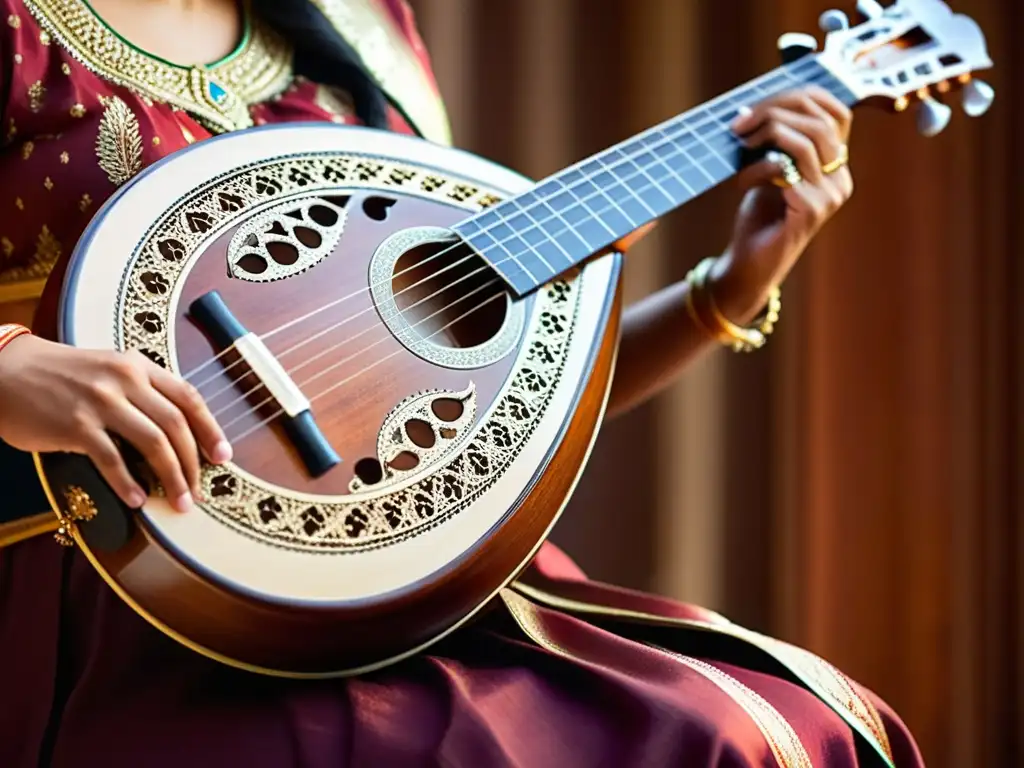 Un maestro músico toca una veena tradicional india, mostrando intrincados detalles y ricos tonos de madera en un entorno cultural