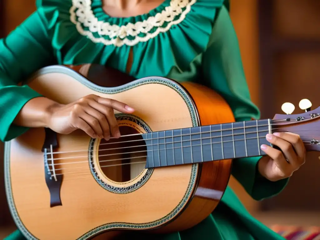 Maestro músico toca una vihuela mexicana con destreza, transmitiendo pasión y técnica en una melodía ranchera