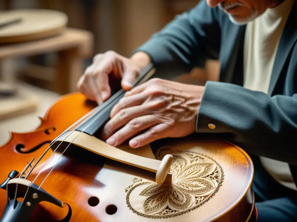 Un maestro luthier restaura con pasión un antiguo violonchelo, capturando la esencia de los grandes restauradores de instrumentos musicales