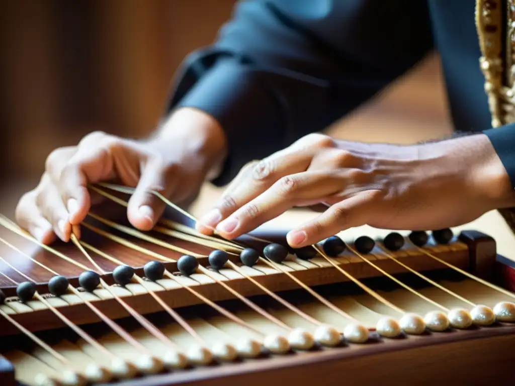 Maestro santoor Persia tocando con pasión, destacando la artesanía del instrumento musical santoor Persia en un ambiente íntimo y reverente
