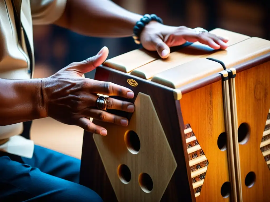 Un maestro percusionista toca con destreza el cajón peruano, mostrando la historia y relevancia del instrumento en la música contemporánea