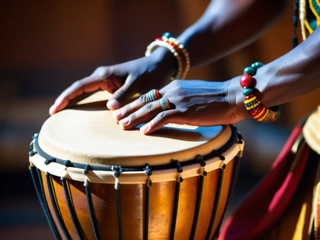 Un maestro percusionista toca expertamente el djembé, mostrando su herencia cultural