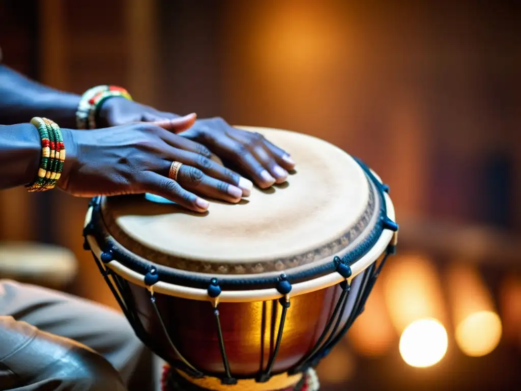 El maestro percusionista toca hábilmente el tambor djembe, mostrando la rica historia y evolución del tambor