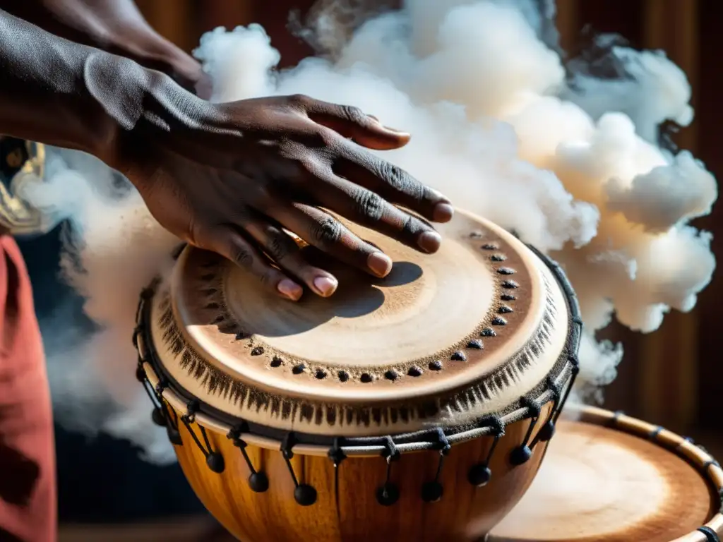 Un maestro percusionista ejecuta técnicas modernas de percusión africana en un djembé, mostrando destreza y dinamismo