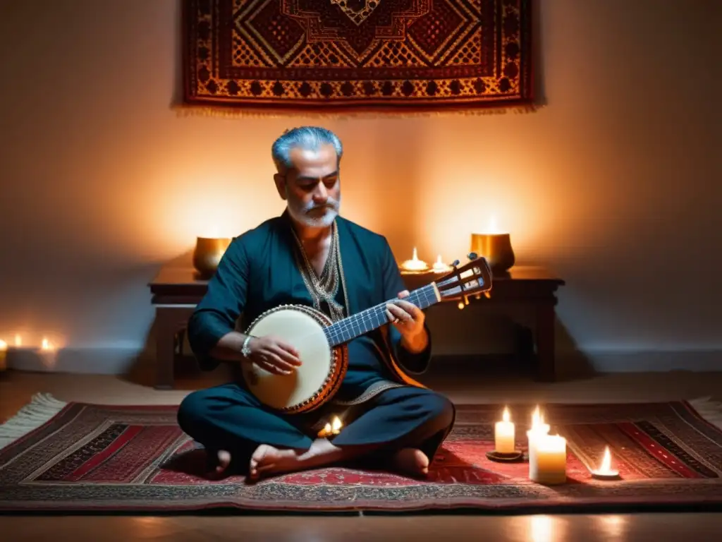 Maestro de santur persa tocando música sufí en ambiente íntimo con velas