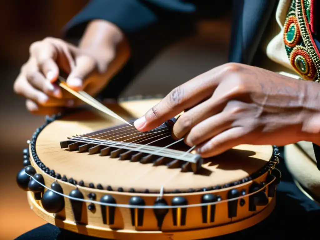 Un maestro del santur persa pluckeando las cuerdas con destreza, mostrando el significado cultural del instrumento en una imagen inmersiva