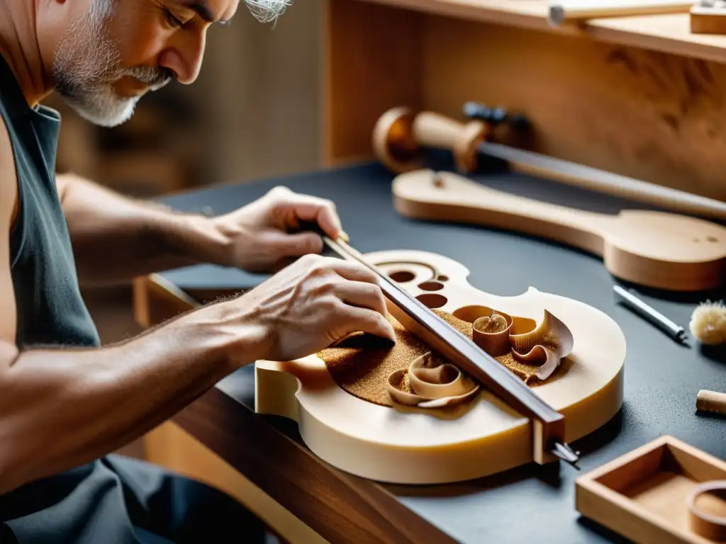 Artesano luthier tallando violín con precisión Maestro luthier tallando con precisión el cuerpo de un violín, con virutas de madera esparcidas alrededor