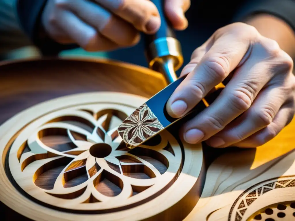 Un maestro luthier tallando con precisión e incrustando diseños intrincados en madera para guitarra, destacando la marquetería en luthería moderna