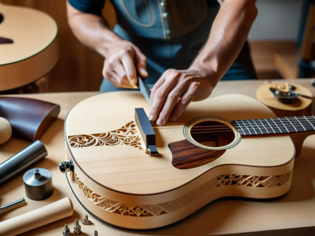 Un maestro luthier esculpe con precisión una guitarra acústica moderna en diseño de instrumentos, rodeado de herramientas y virutas de madera