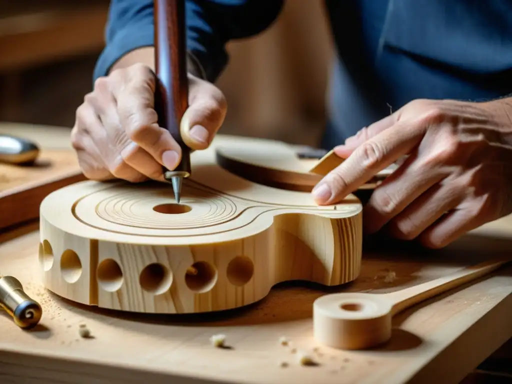 Un luthier maestro tallando con precisión una guitarra clásica, destacando modelos digitales para simulación acústica