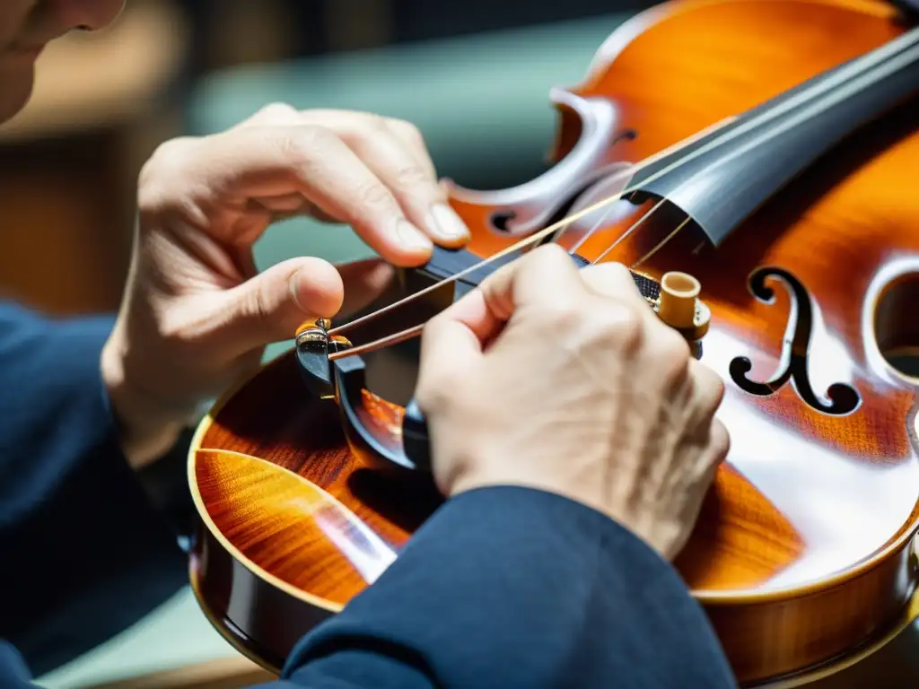 Un maestro luthier aplica con precisión una laca de nanotecnología a un violín, fusionando la artesanía con la tecnología