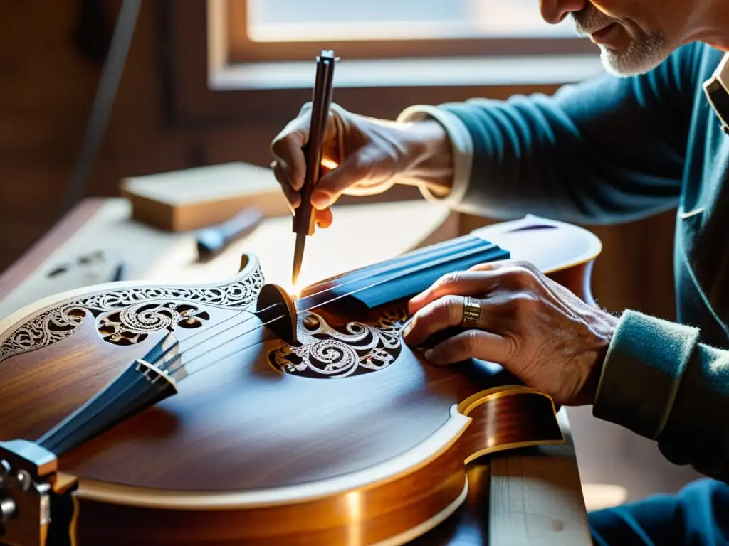 Un luthier maestro tallando con precisión en la tapa de un violín antiguo, resaltando la importancia de la acústica en instrumentos musicales