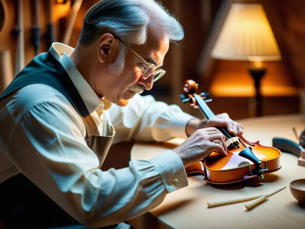 Un maestro luthier talla con precisión una tapa de violín de abeto, rodeado de virutas suspendidas en el aire