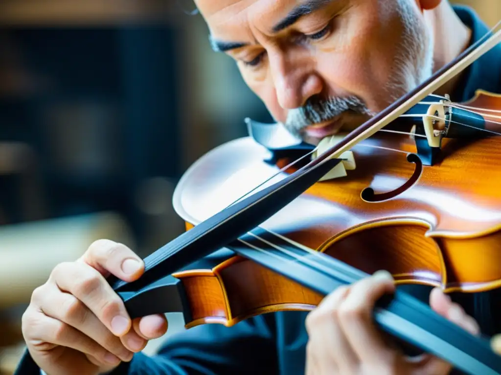 Un maestro luthier moldea con precisión una violín de fibra de carbono, fusionando tradición e innovación en instrumentos de cuerda