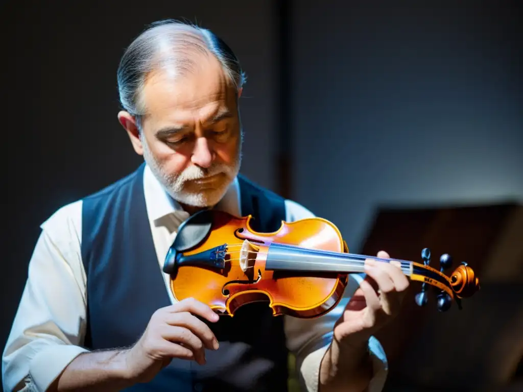 Un maestro restaurador de instrumentos musicales examina detalladamente un violín centenario bajo un foco brillante